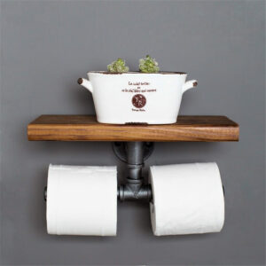 Double toilet roll holder with wooden shelf 35cm made of pipes in Industrial style