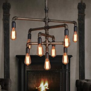 Ceiling steampunk light with 9 lamps made of pipes in Industrial style