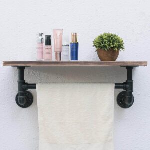 Towel rail with wooden shelf made of hydraulic pipes in Industrial style
