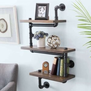 Triple wooden shelf made of pipes with towel rack in Industrial style